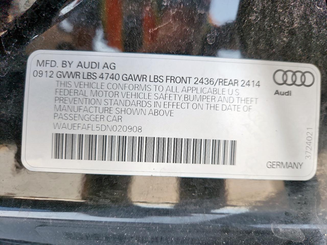 2013 Audi A4 Premium Plus VIN: WAUEFAFL5DN020908 Lot: 93543695