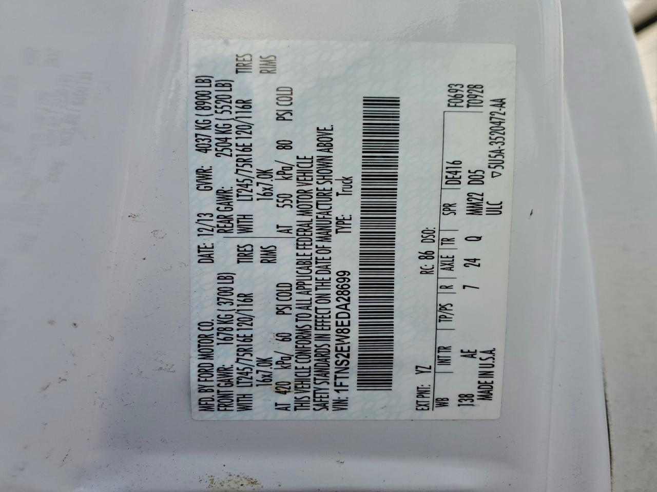 2014 Ford Econoline E250 Van VIN: 1FTNS2EW8EDA28699 Lot: 85410575