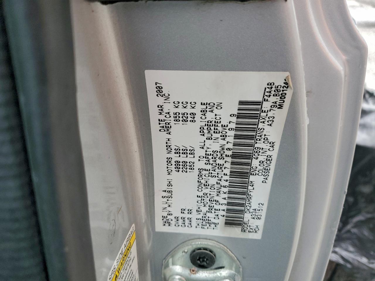 2007 Mitsubishi Eclipse Es VIN: 4A3AK64F77E071979 Lot: 93914605