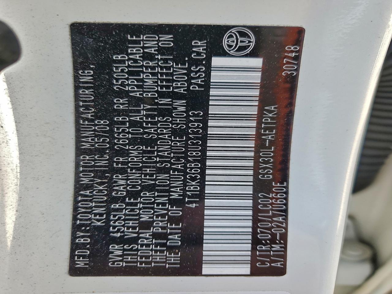 2008 Toyota Avalon Xl VIN: 4T1BK36B18U313913 Lot: 93762965