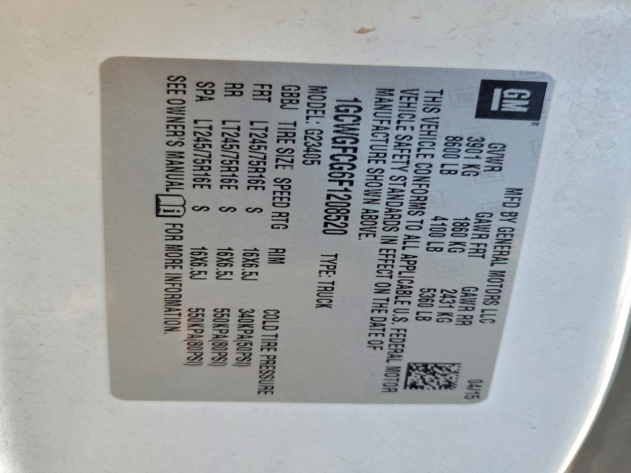 2015 Chevrolet Express G2500 VIN: 1GCWGFCG6F1208520 Lot: 93701295