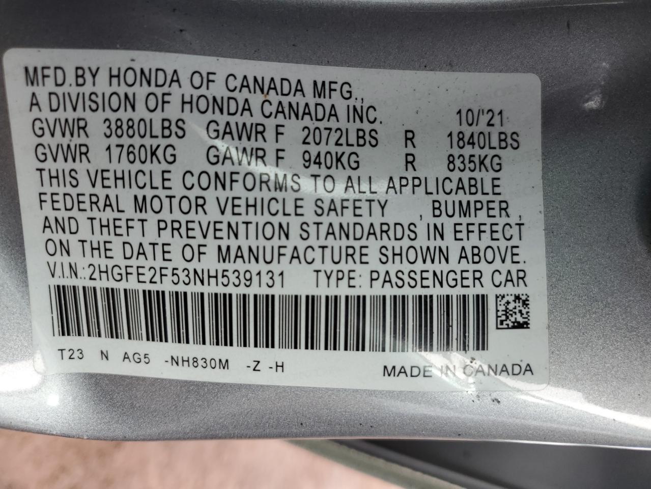 2022 Honda Civic Sport VIN: 2HGFE2F53NH539131 Lot: 93250965