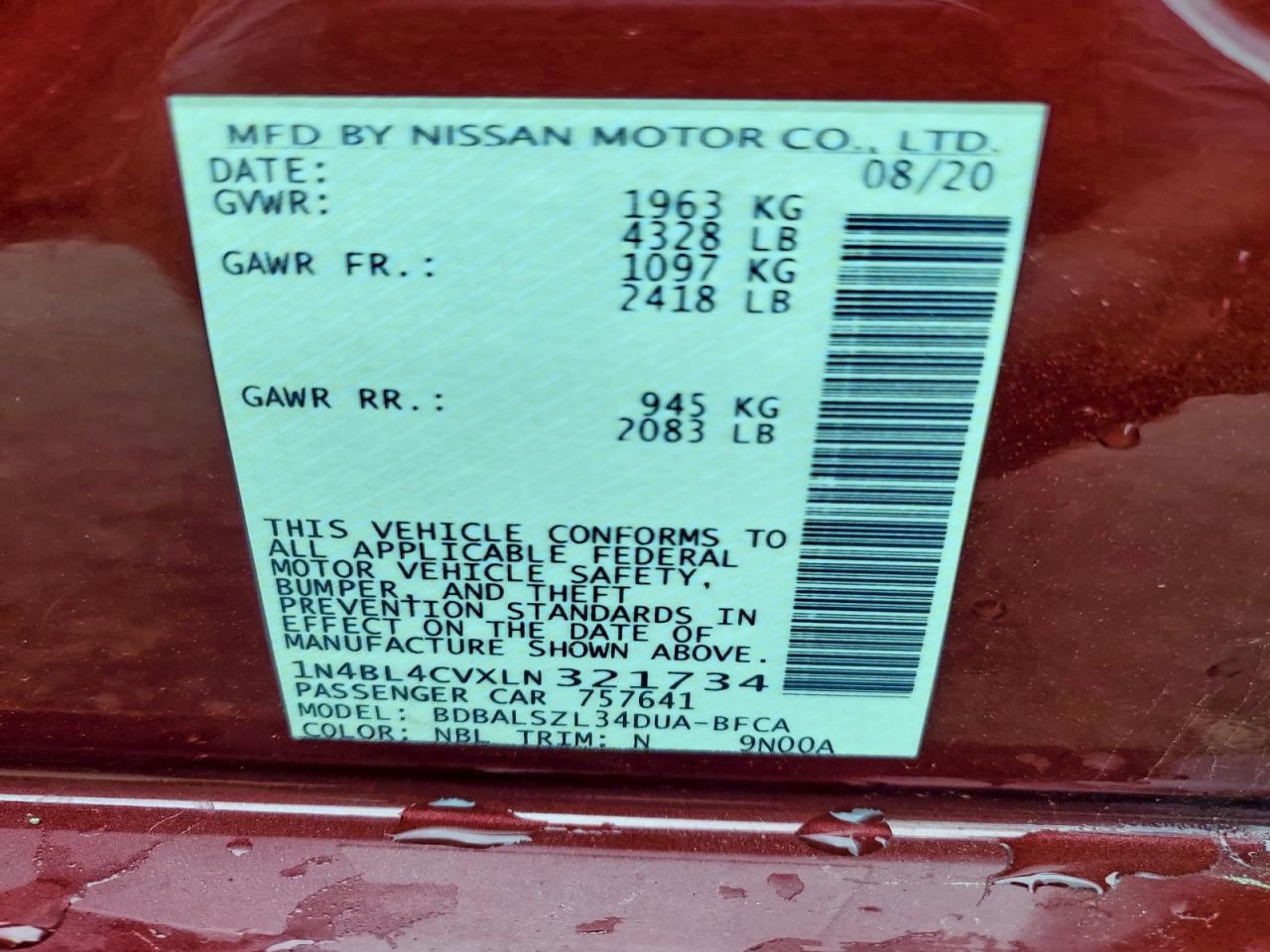 2020 Nissan Altima Sr VIN: 1N4BL4CVXLN321734 Lot: 93906995