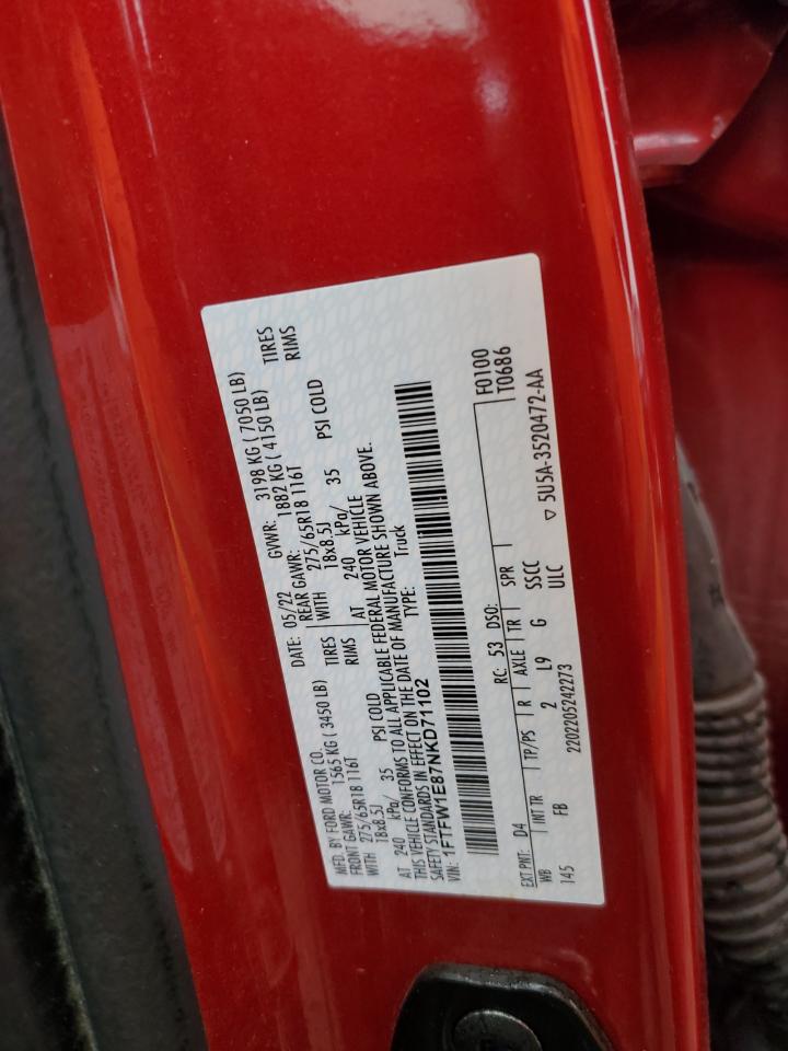 2022 Ford F150 Supercrew VIN: 1FTFW1E87NKD71102 Lot: 93118615