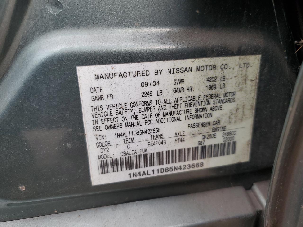 2005 Nissan Altima S VIN: 1N4AL11D85N423668 Lot: 91551645