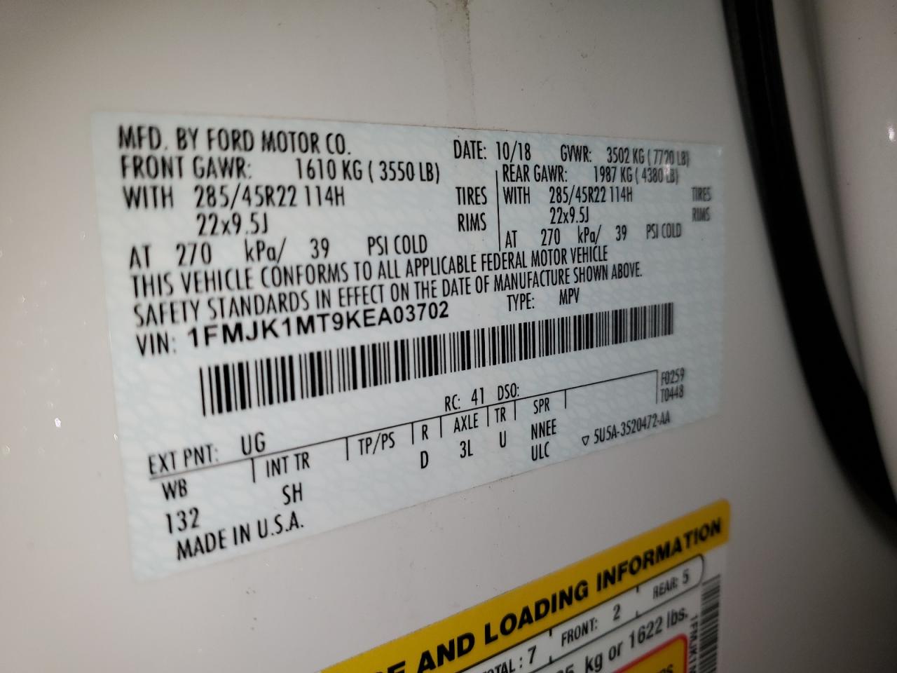 2019 Ford Expedition Max Platinum VIN: 1FMJK1MT9KEA03702 Lot: 93663085