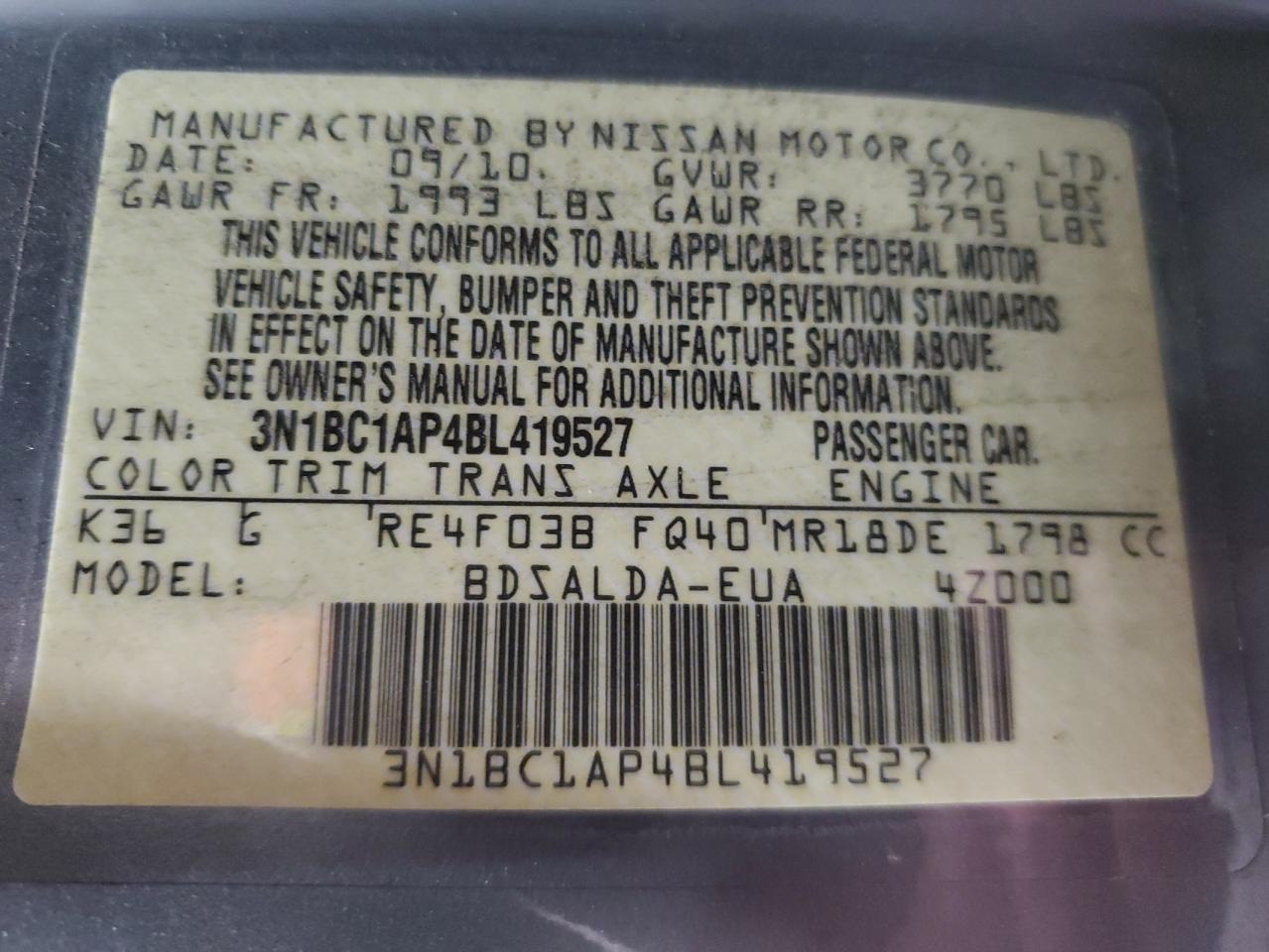 2011 Nissan Versa S VIN: 3N1BC1AP4BL419527 Lot: 91400615