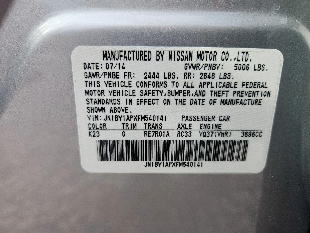 2015 Infiniti Q70 3.7 VIN: JN1BY1APXFM540141 Lot: 93766315