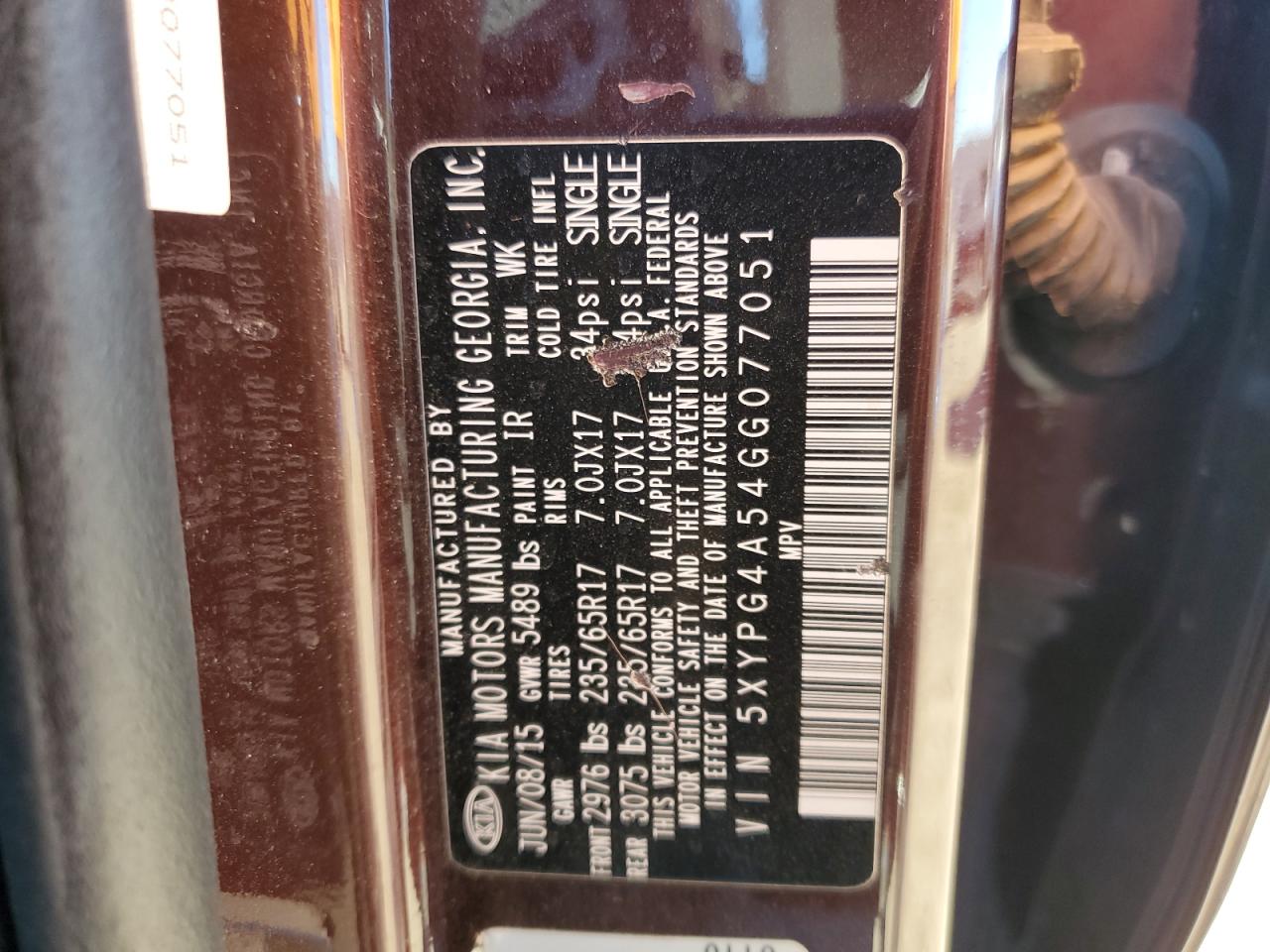 2016 Kia Sorento Lx VIN: 5XYPG4A54GG077051 Lot: 91518985