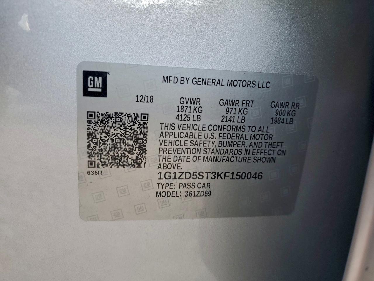 2019 Chevrolet Malibu Lt VIN: 1G1ZD5ST3KF150046 Lot: 94070535