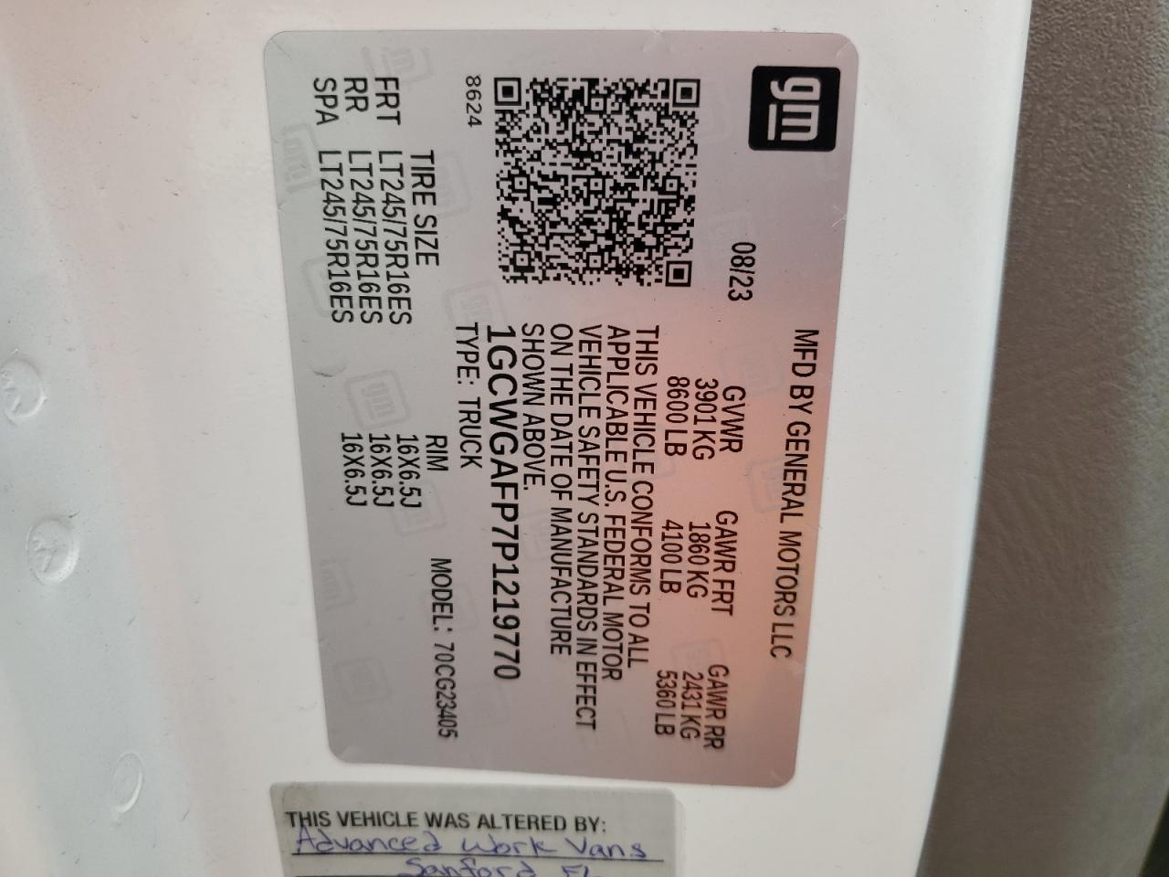 2023 Chevrolet Express 2500 Delivery Van VIN: 1GCWGAFP7P1219770 Lot: 92617975