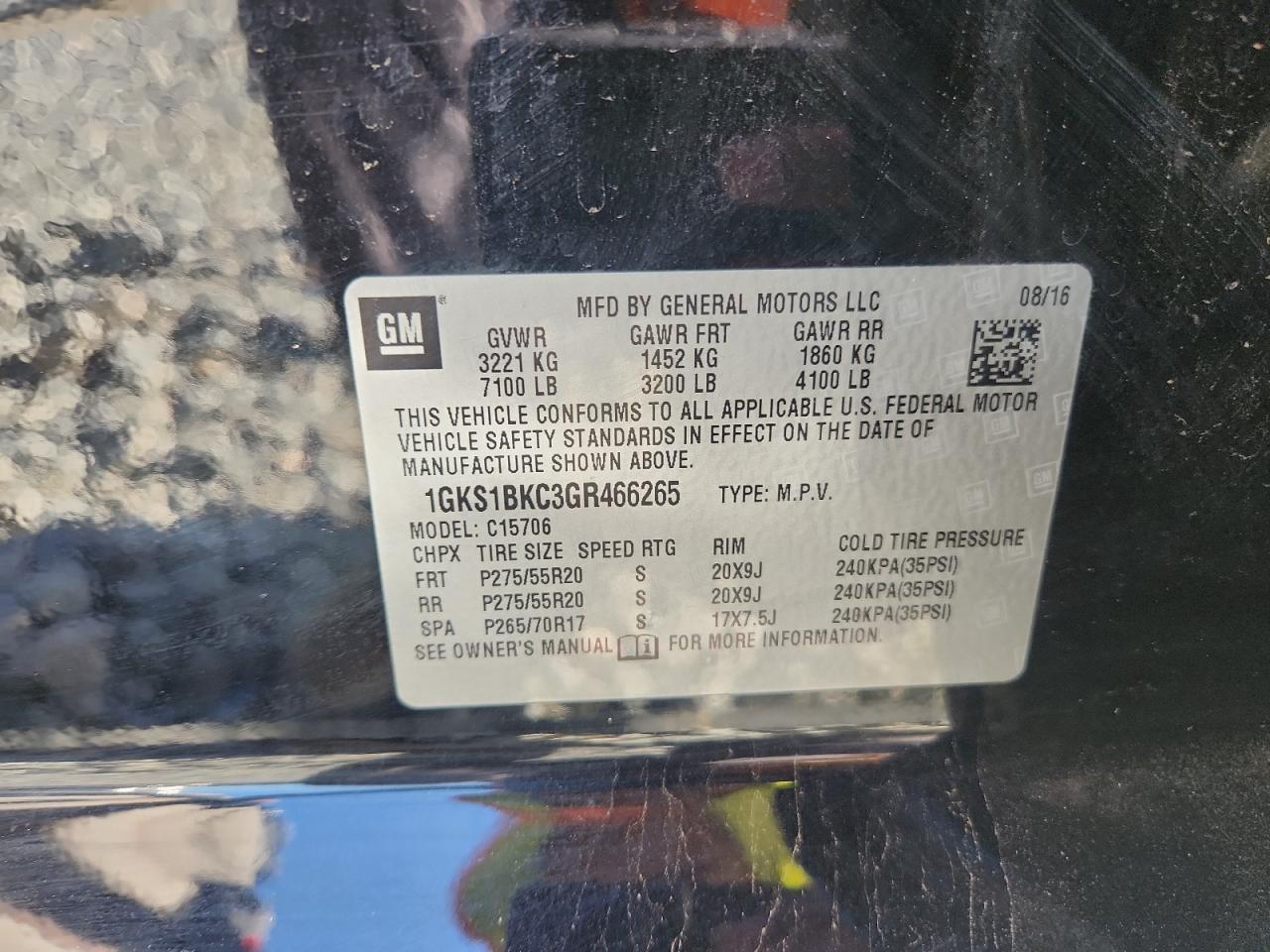 2016 GMC Yukon Slt VIN: 1GKS1BKC3GR466265 Lot: 92573035