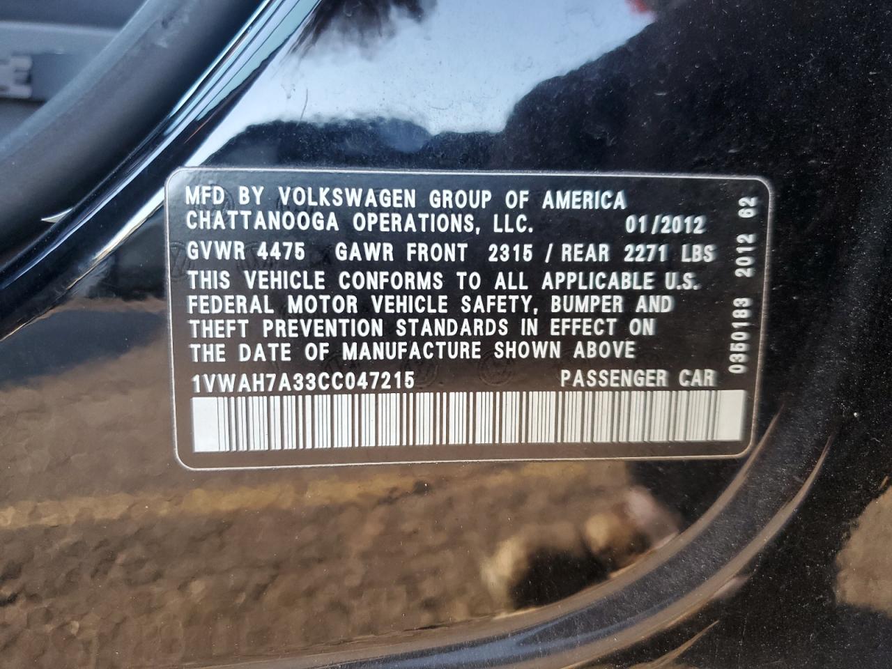 2012 Volkswagen Passat S VIN: 1VWAH7A33CC047215 Lot: 93305165