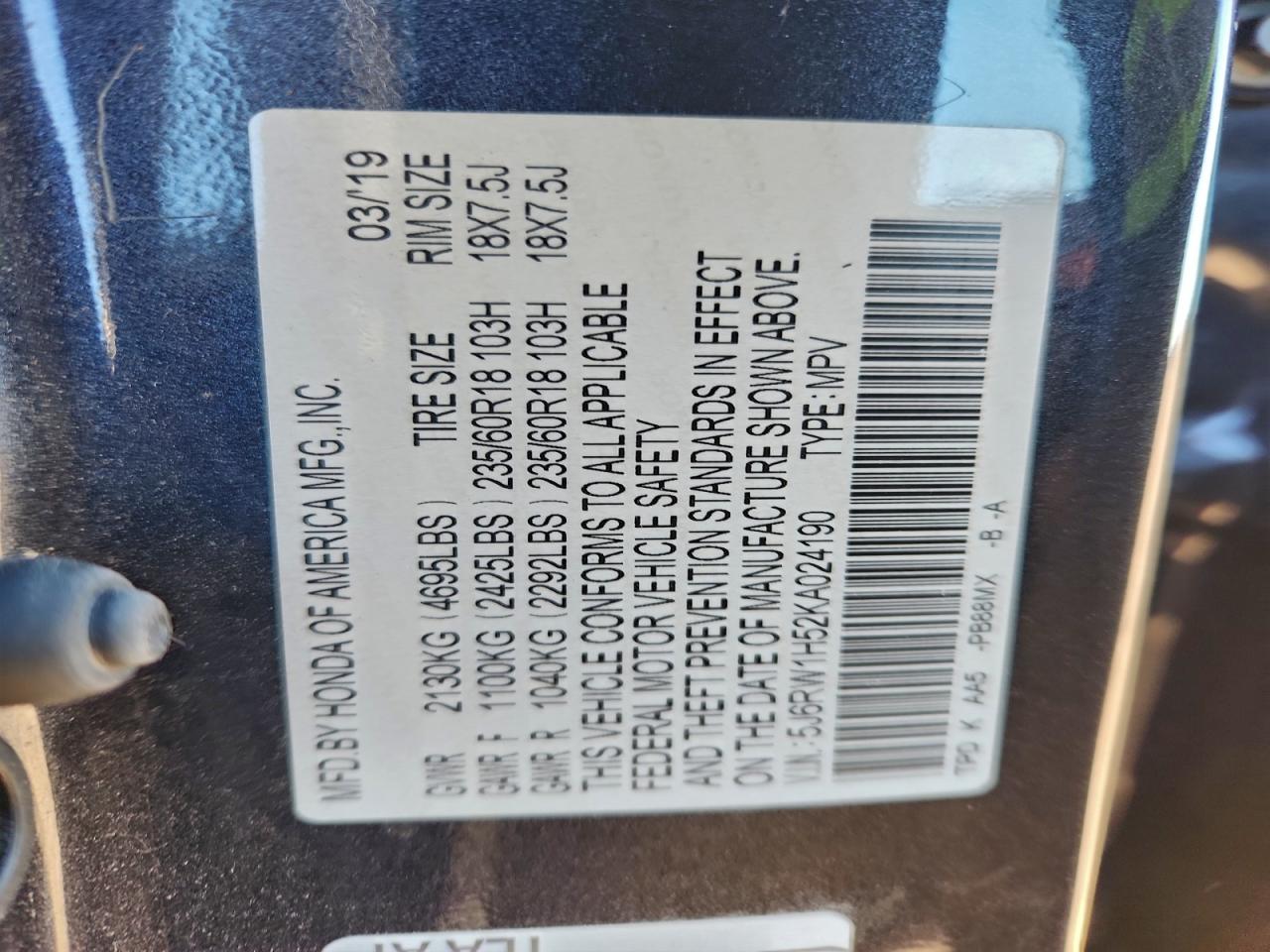 2019 Honda Cr-V Ex VIN: 5J6RW1H52KA024190 Lot: 94900885