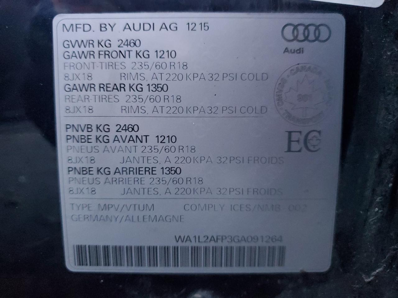 2016 Audi Q5 Premium Plus VIN: WA1L2AFP3GA091264 Lot: 85537415