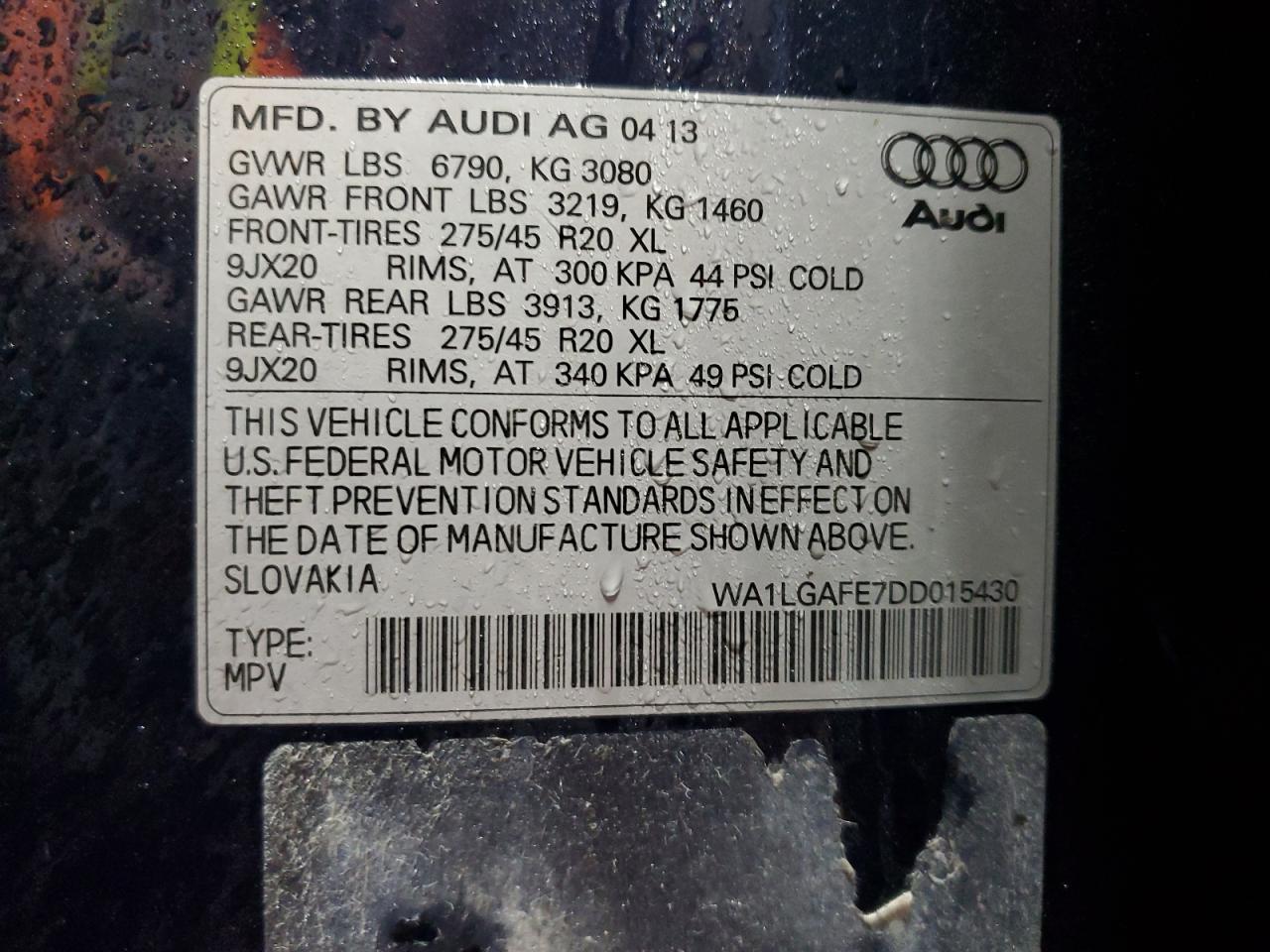 2013 Audi Q7 Premium Plus VIN: WA1LGAFE7DD015430 Lot: 91783305