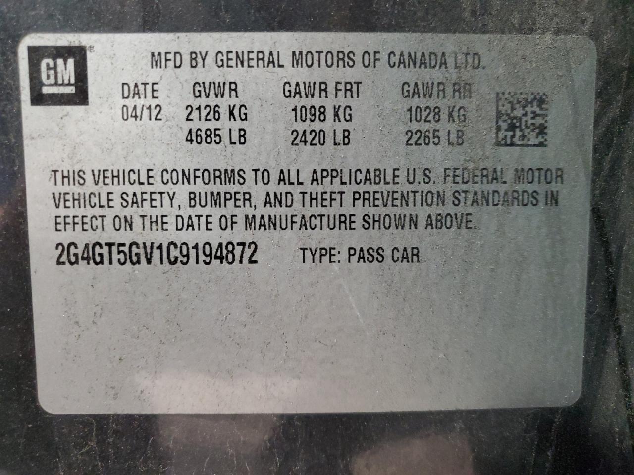 2012 Buick Regal Premium VIN: 2G4GT5GV1C9194872 Lot: 91874395