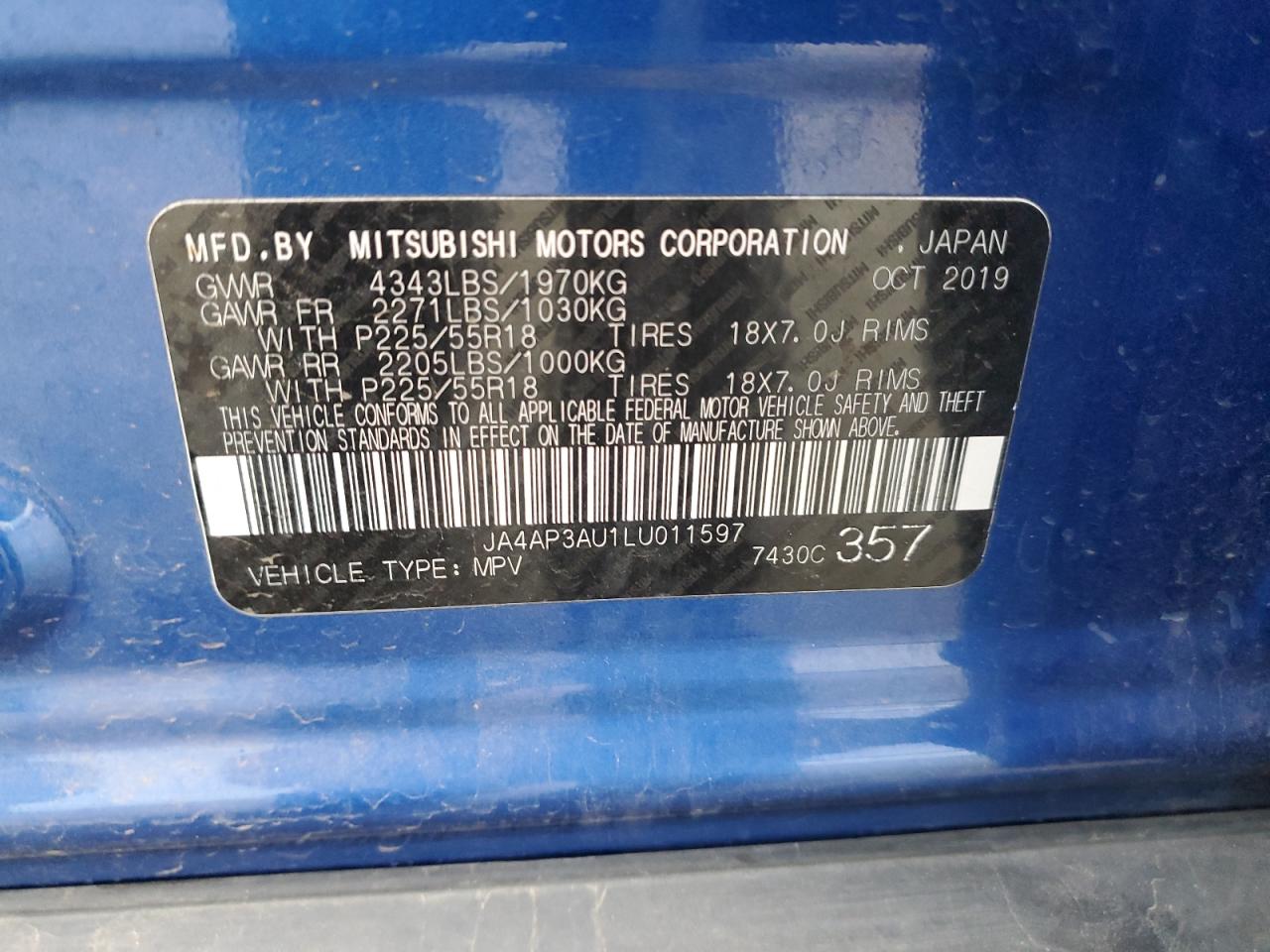 2020 Mitsubishi Outlander Sport Es VIN: JA4AP3AU1LU011597 Lot: 91713455