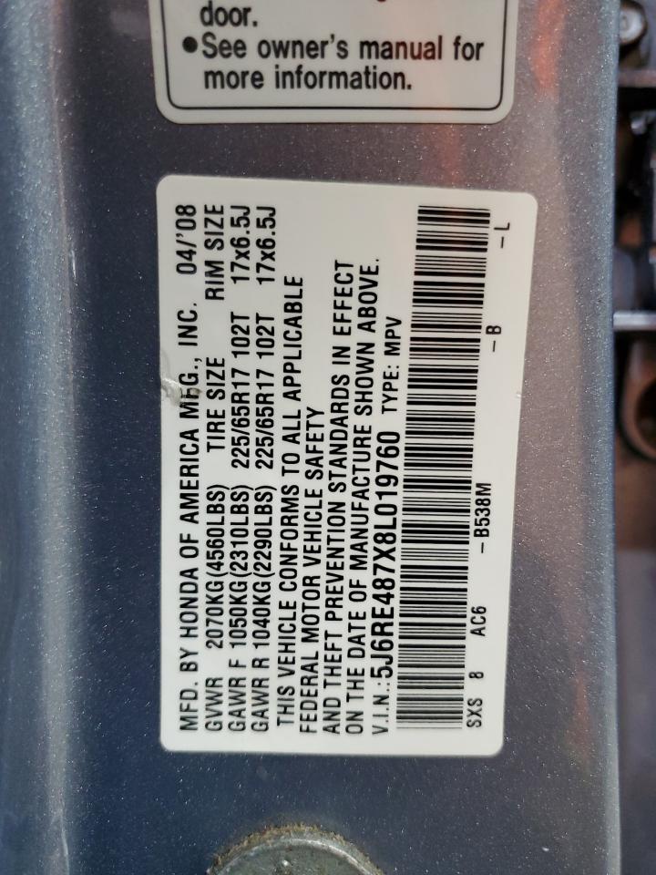 2008 Honda Cr-V Exl VIN: 5J6RE487X8L019760 Lot: 91666165