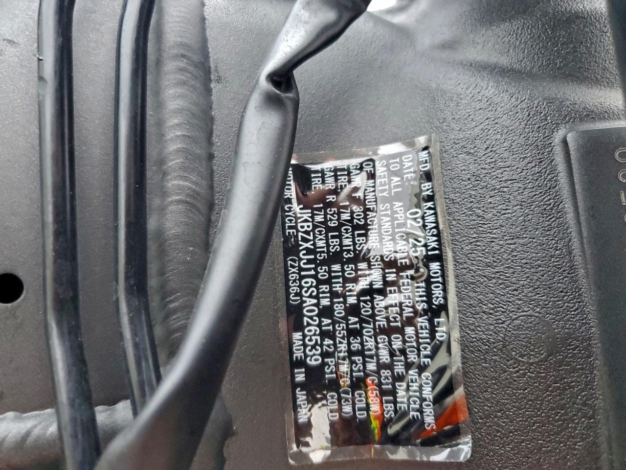 2025 Kawasaki Zx636 K VIN: JKBZXJJ16SA026539 Lot: 92688075