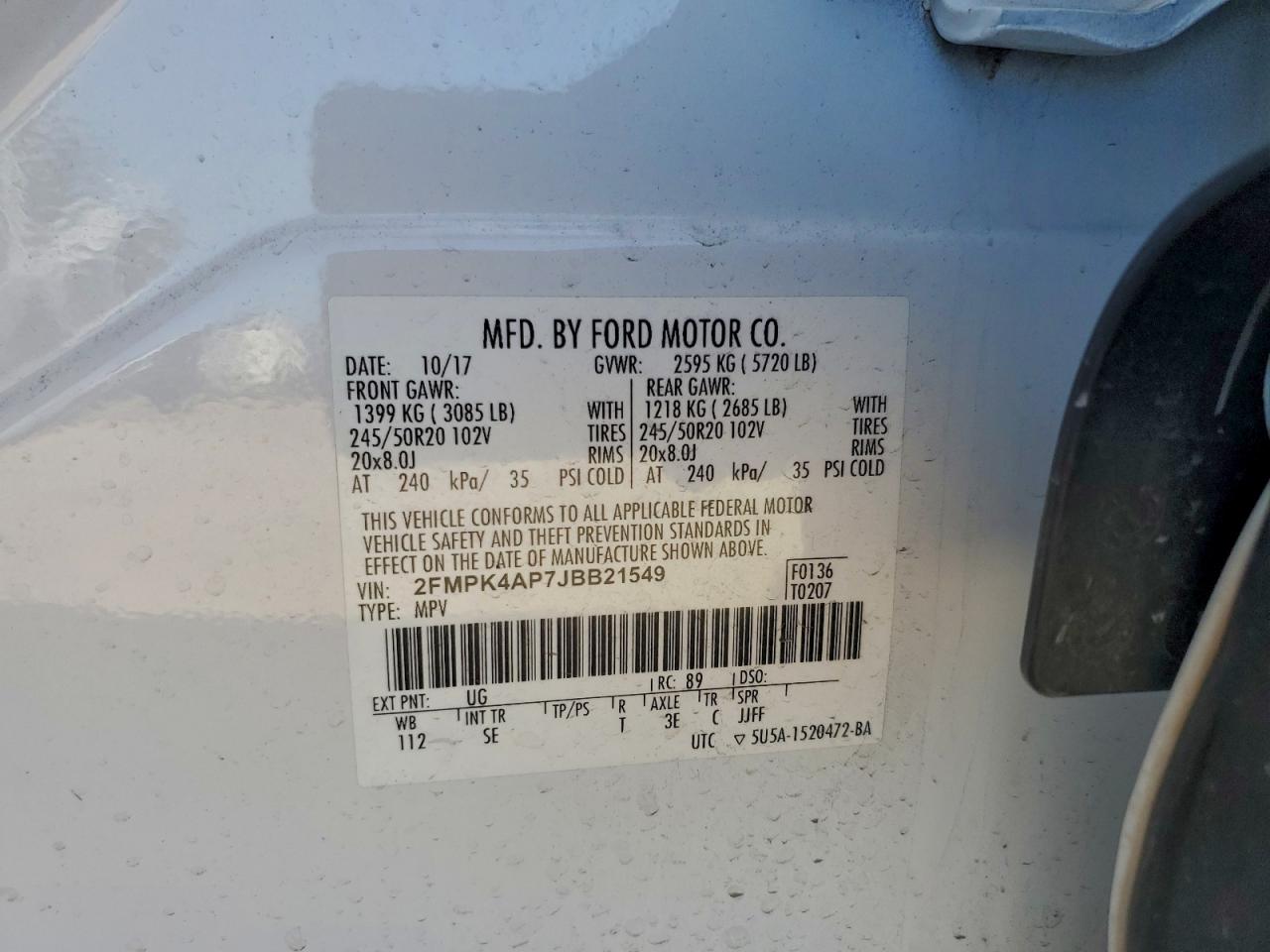 2018 Ford Edge Sport VIN: 2FMPK4AP7JBB21549 Lot: 93141115