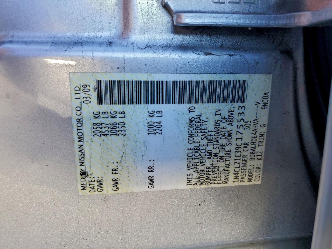 2009 Nissan Altima Hybrid VIN: 1N4CL21E39C175533 Lot: 93920145