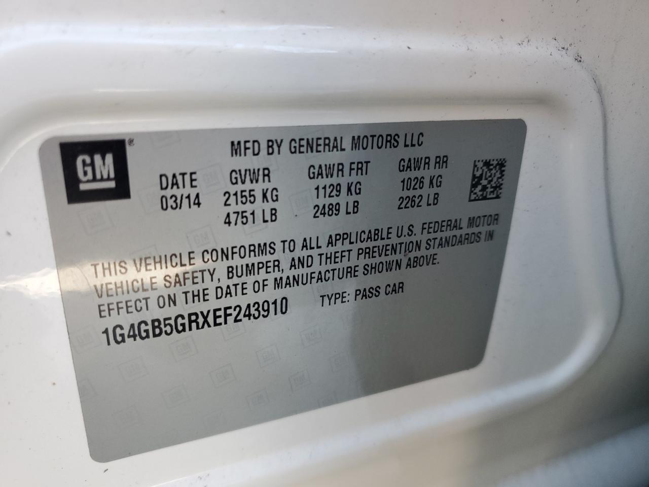 2014 Buick Lacrosse VIN: 1G4GB5GRXEF243910 Lot: 92424425