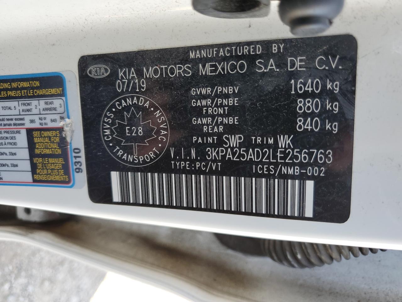 2020 Kia Rio Lx VIN: 3KPA25AD2LE256763 Lot: 87487965