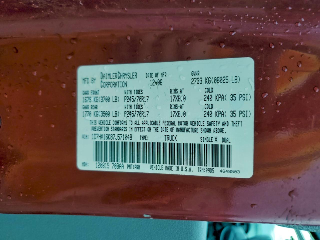 2007 Dodge Ram 1500 St VIN: 1D7HA16K87J571048 Lot: 94279825