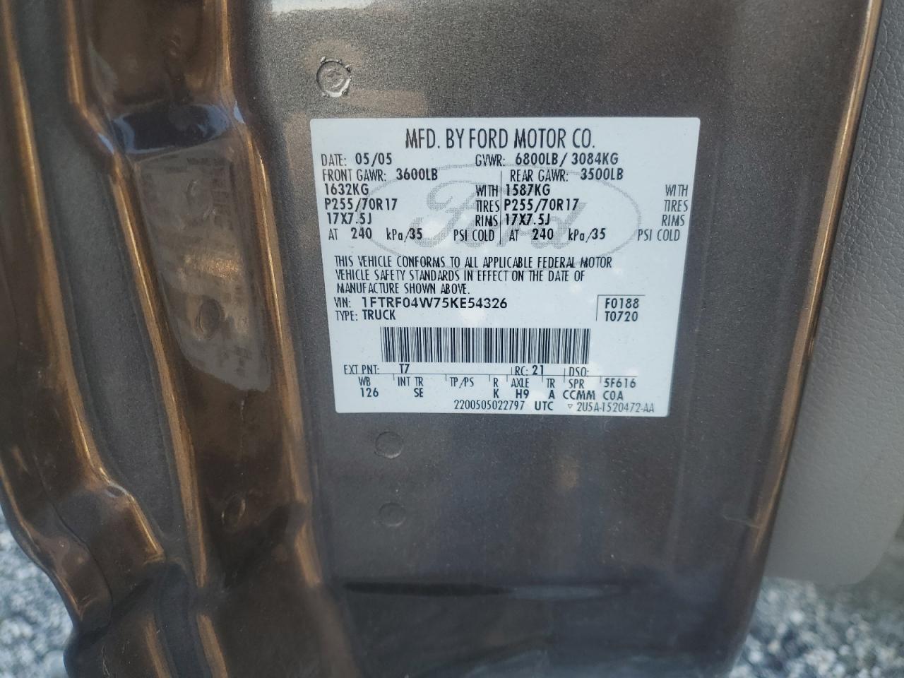 2005 Ford F150 VIN: 1FTRF04W75KE54326 Lot: 87363135