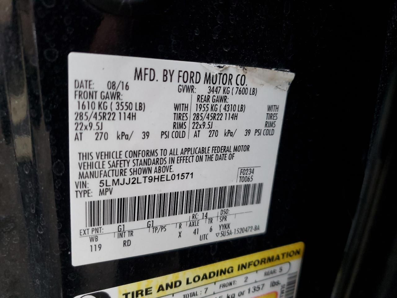 2017 Lincoln Navigator Reserve VIN: 5LMJJ2LT9HEL01571 Lot: 93265755