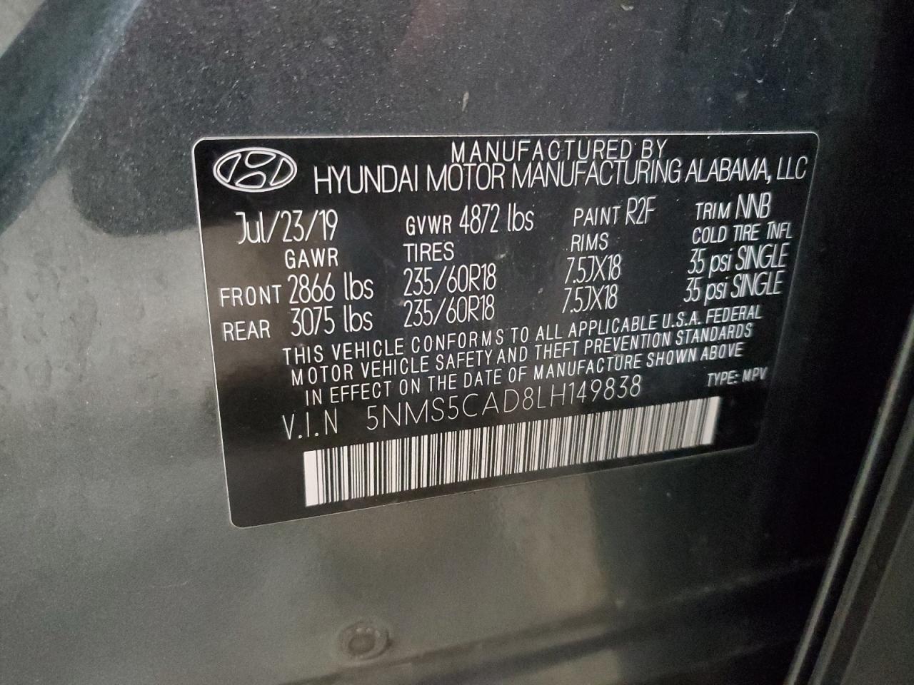 2020 Hyundai Santa Fe Limited VIN: 5NMS5CAD8LH149838 Lot: 93906045