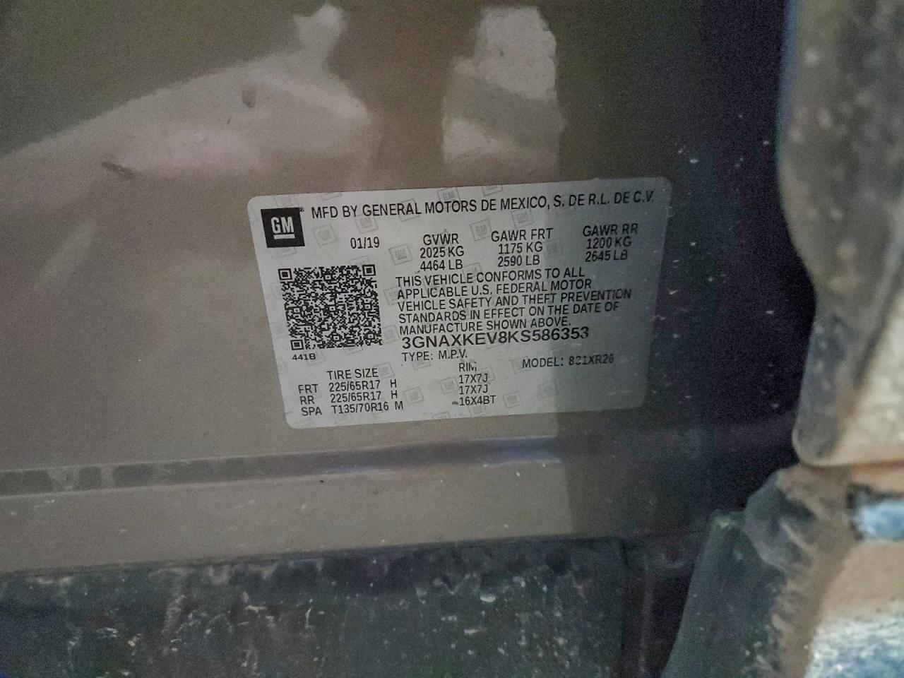 2019 Chevrolet Equinox Lt VIN: 3GNAXKEV8KS586353 Lot: 94002605