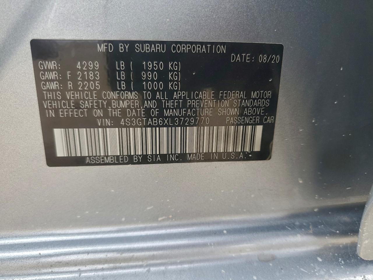 2020 Subaru Impreza VIN: 4S3GTAB6XL3729770 Lot: 93846545