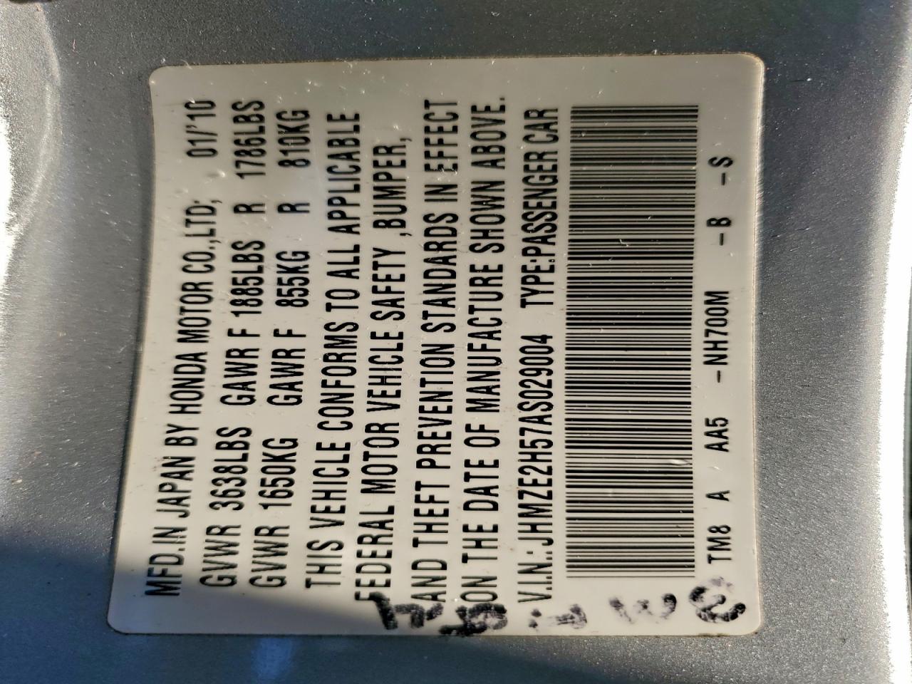 2010 Honda Insight Lx VIN: JHMZE2H57AS029004 Lot: 92902085