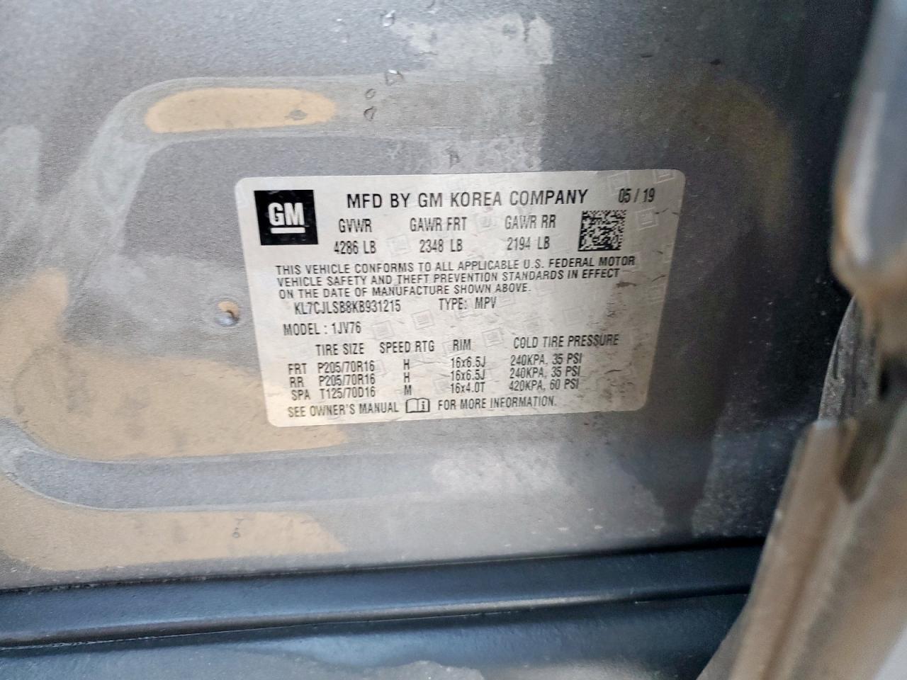 2019 Chevrolet Trax 1Lt VIN: KL7CJLSB8KB931215 Lot: 93144615