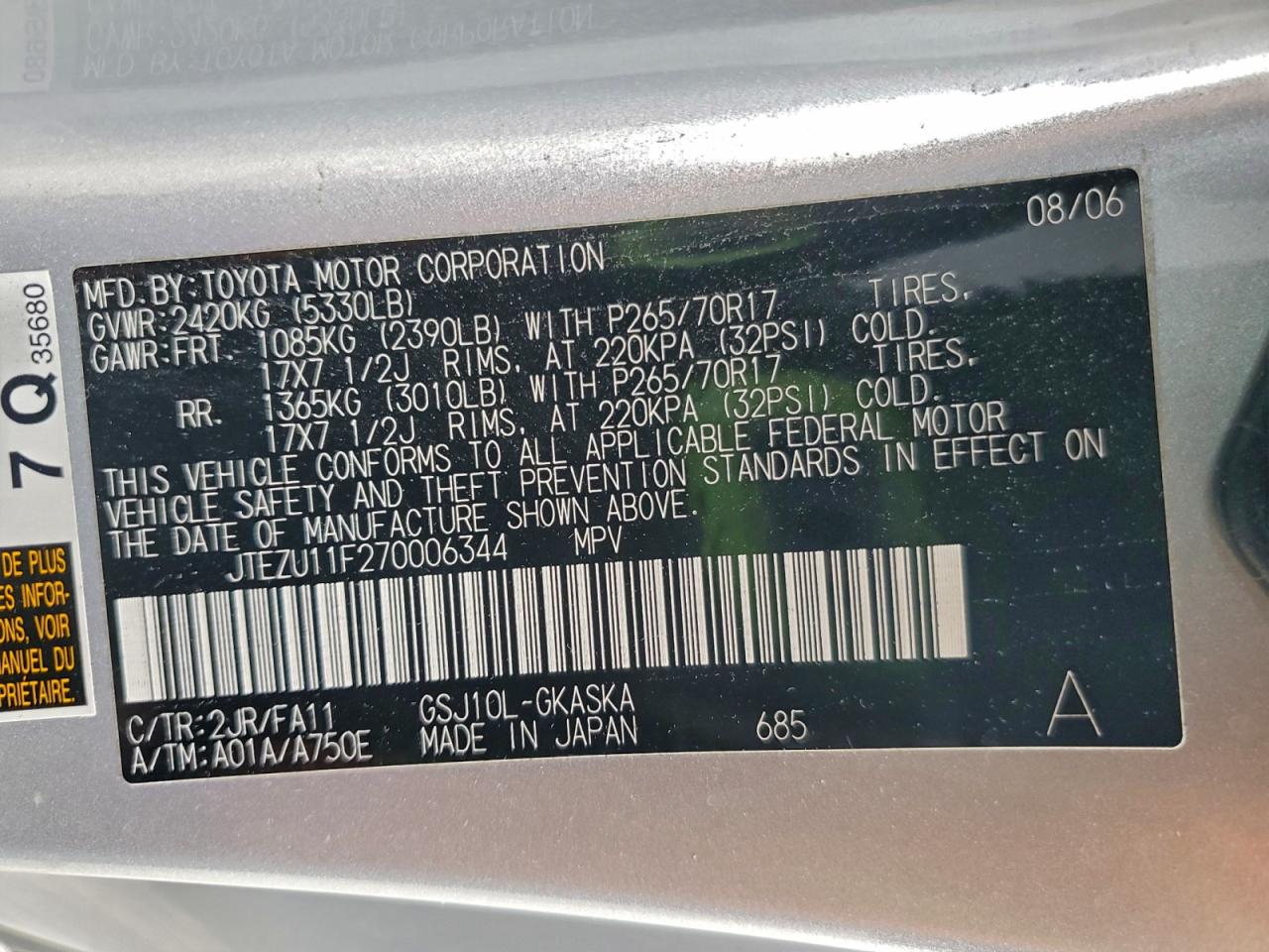 2007 Toyota Fj Cruiser VIN: JTEZU11F270006344 Lot: 93483915