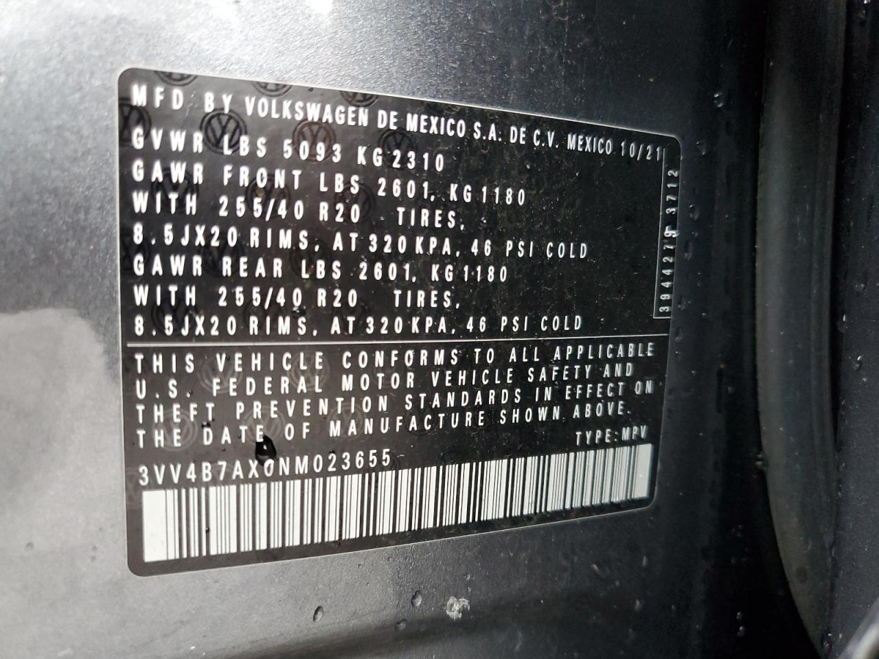 2022 Volkswagen Tiguan Sel R-Line VIN: 3VV4B7AX0NM023655 Lot: 93079585