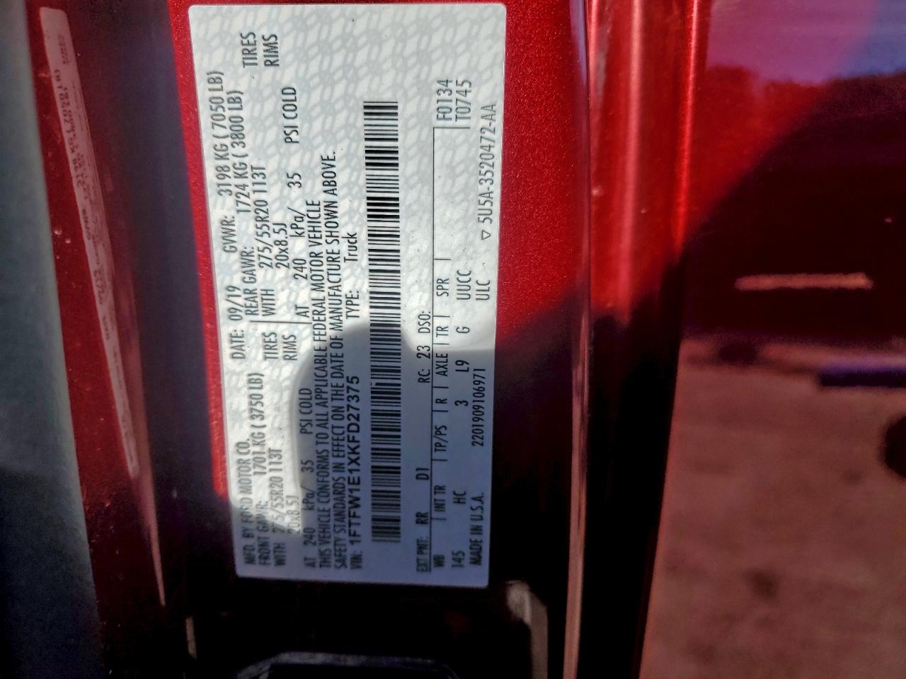 2019 Ford F150 Supercrew VIN: 1FTFW1E1XKFD27375 Lot: 94333865