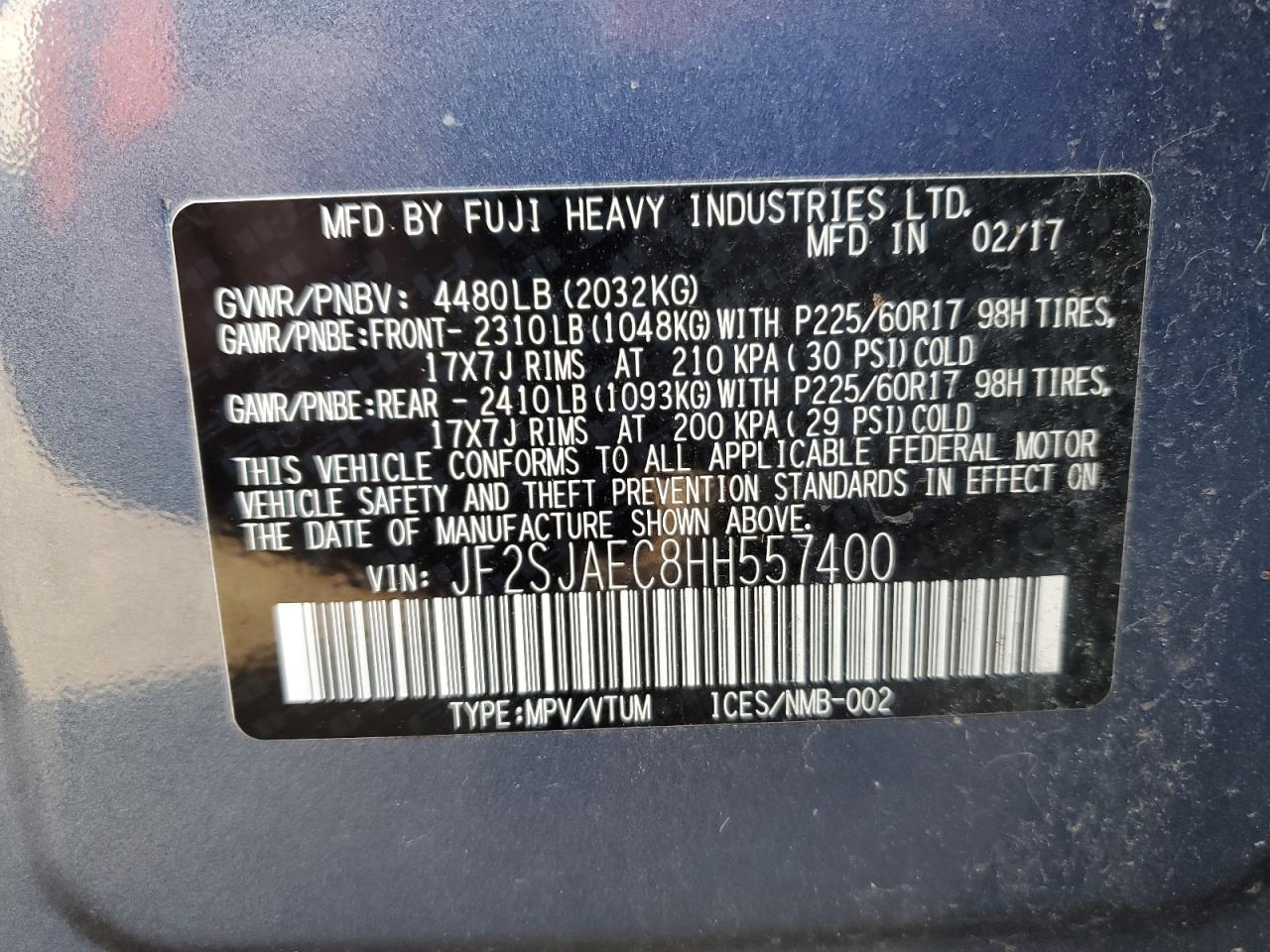 2017 Subaru Forester 2.5I Premium VIN: JF2SJAEC8HH557400 Lot: 91782175