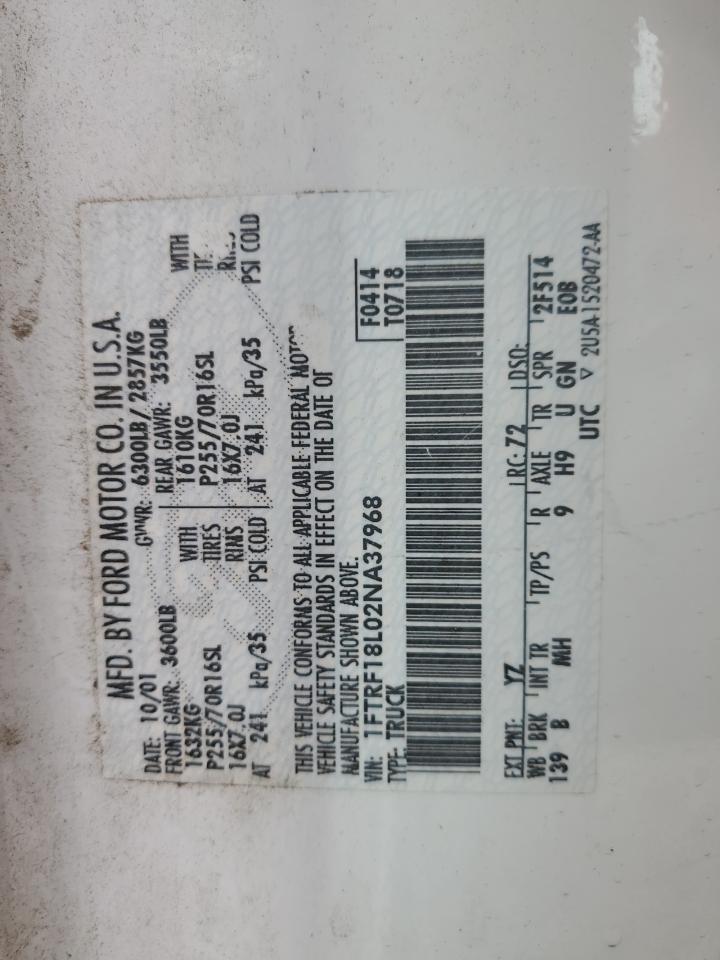 2002 Ford F150 VIN: 1FTRF18L02NA37968 Lot: 92733535
