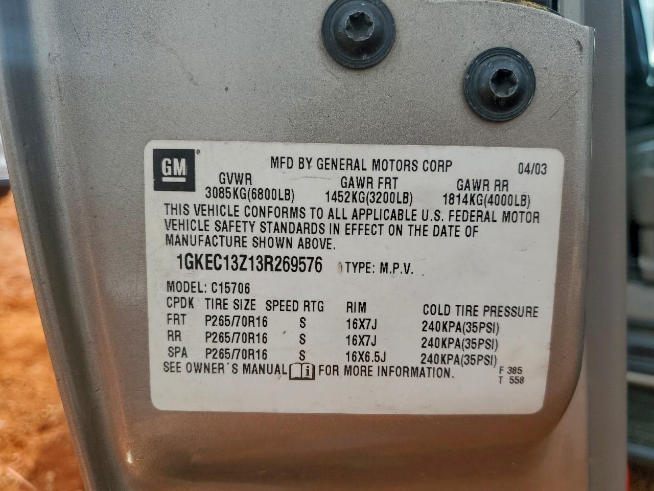 2003 GMC Yukon VIN: 1GKEC13Z13R269576 Lot: 94588585