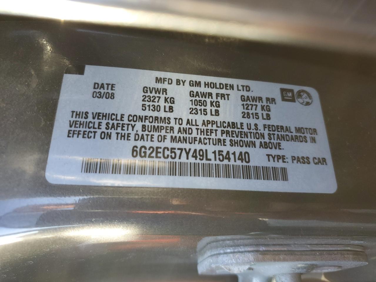 2009 Pontiac G8 Gt VIN: 6G2EC57Y49L154140 Lot: 93210555