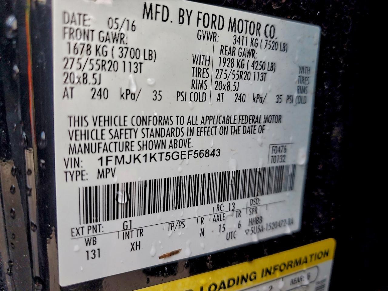 2016 Ford Expedition El Limited VIN: 1FMJK1KT5GEF56843 Lot: 93567225