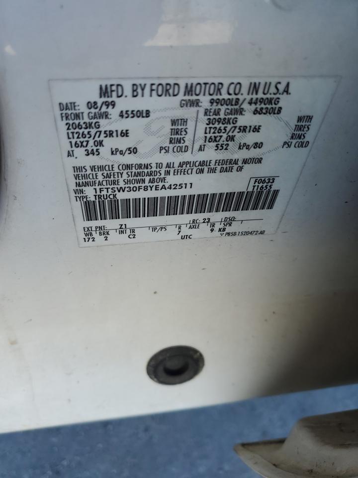 2000 Ford F350 Srw Super Duty VIN: 1FTSW30F8YEA42511 Lot: 92686415