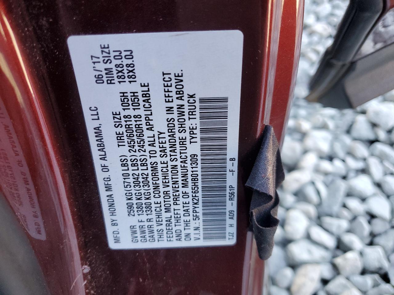 2017 Honda Ridgeline Rtl VIN: 5FPYK2F65HB011309 Lot: 91254925