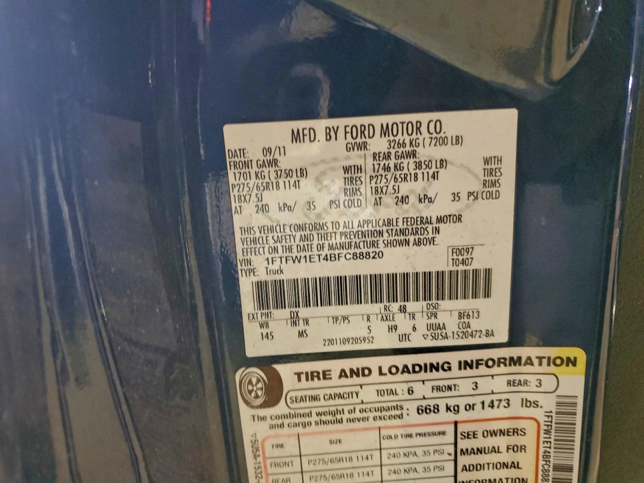 2011 Ford F150 Supercrew VIN: 1FTFW1ET4BFC88820 Lot: 94051295