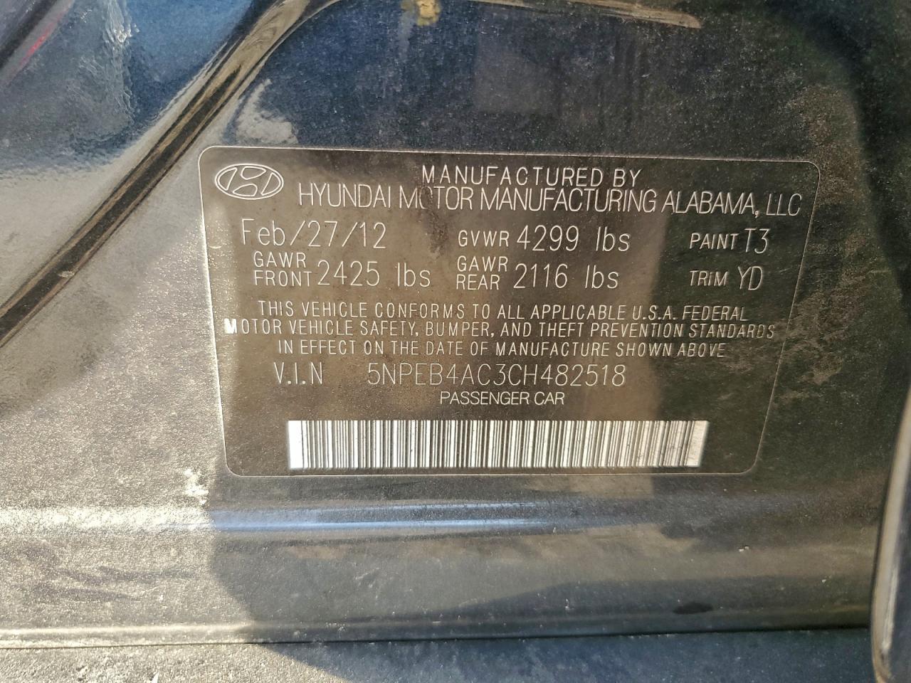 2012 Hyundai Sonata Gls VIN: 5NPEB4AC3CH482518 Lot: 93823635