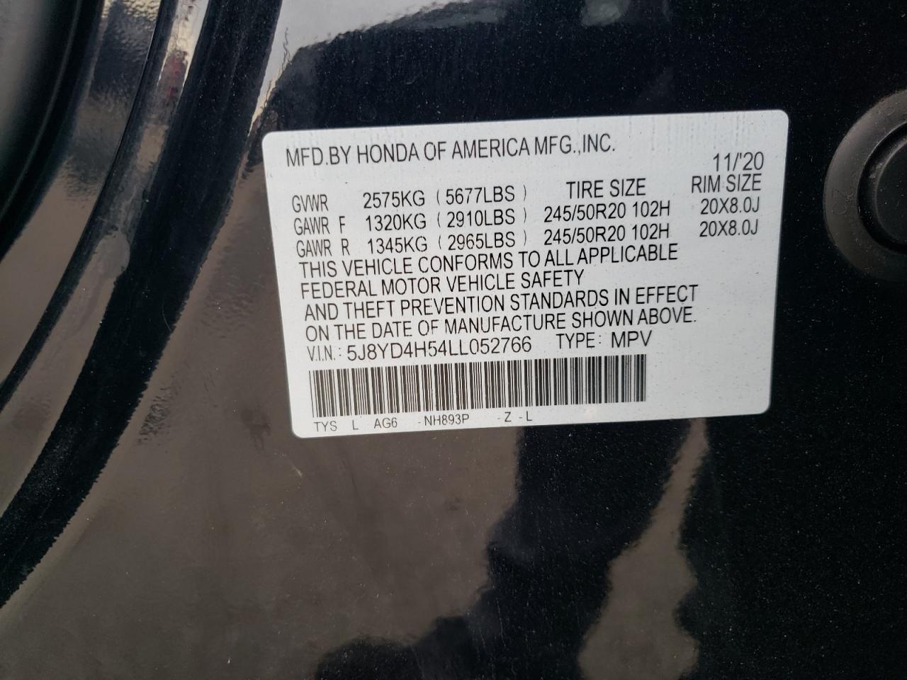 2020 Acura Mdx Technology VIN: 5J8YD4H54LL052766 Lot: 91239415