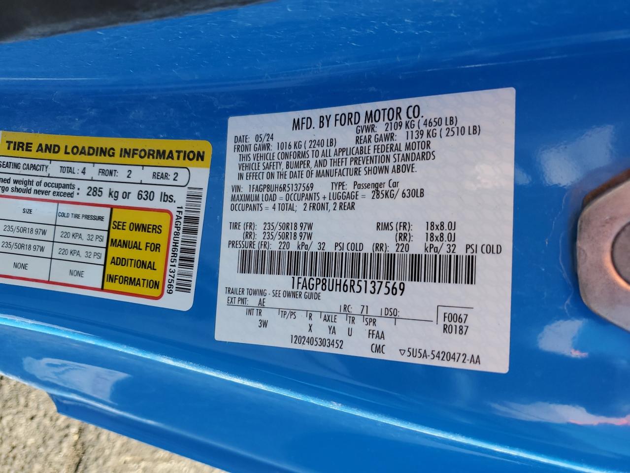 2024 Ford Mustang VIN: 1FAGP8UH6R5137569 Lot: 93976115